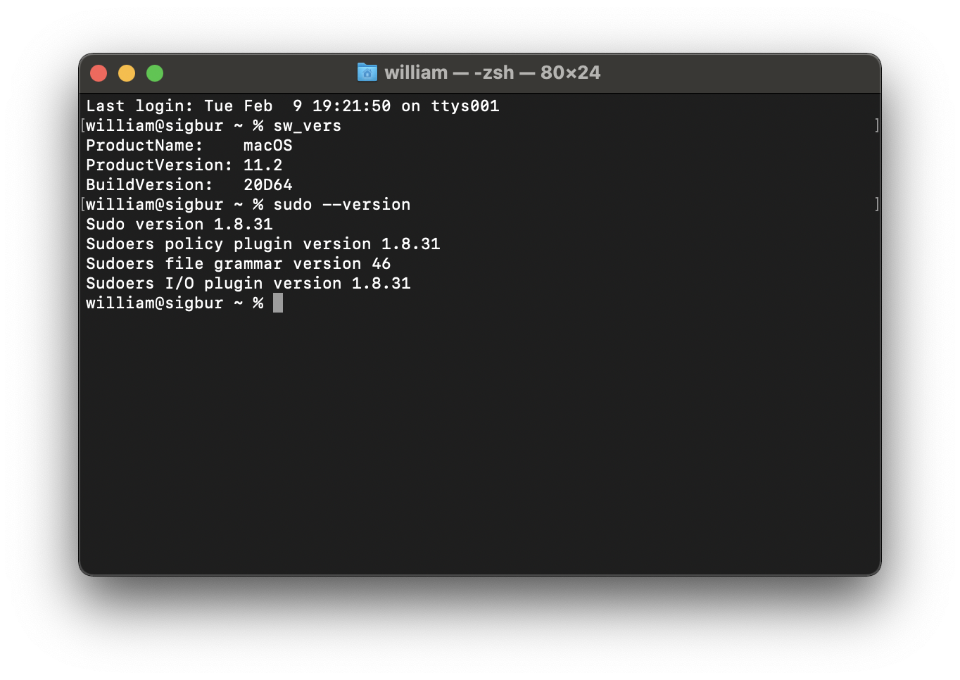 Before: macOS 11.2 (20D64) with sudo 1.8.31